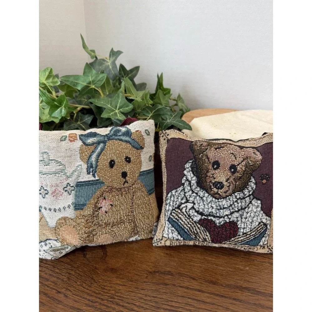 Vintage Teddy‎ Bear Tapestry Pillow Set 5x5 Hanging Wall Decor Cottage